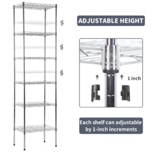 YYkokocat 6-Shelf Adjustable Storage Shelves 600Lb Capacity Metal Wire Shelving Unit Storage Rack for Kitchen Bathroom Corner Shelf Organizer for Small Space, 16.7D x 11.8W x 63H, Chrome