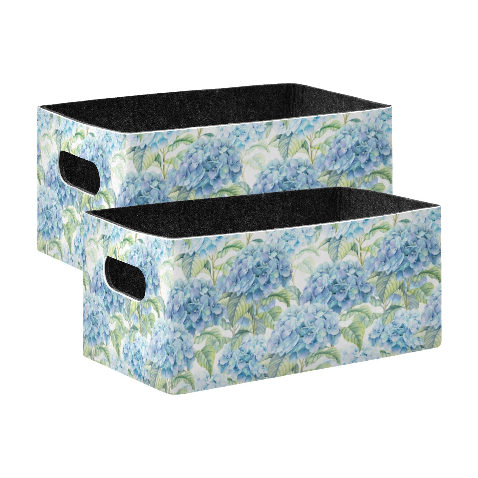 Oyihfvs Watercolor Turquoise Hydrangea Seamless Blue Flowers Texture 2 PCs Rectangle Foldable Felt Storage Bin, Collapsible Cube with Handles Thick Fabric Box Organizer Clothes Supplies for Home