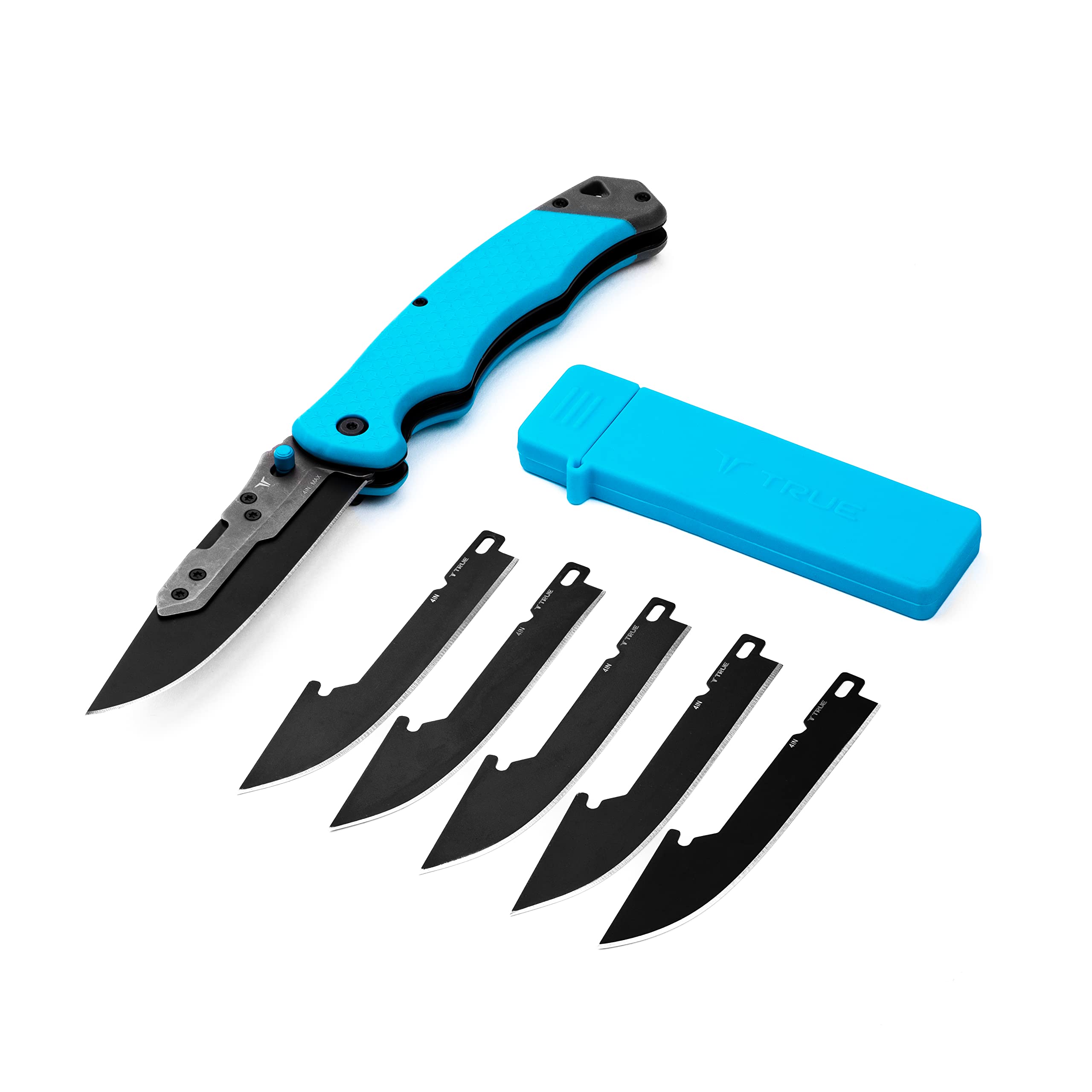 TRUE Swift Edge Replaceable Blade Knife, Compact Utility Knife with Five Replacement Blades, Durable Grip Handle, and Convenient Blade Storage Case, Blue