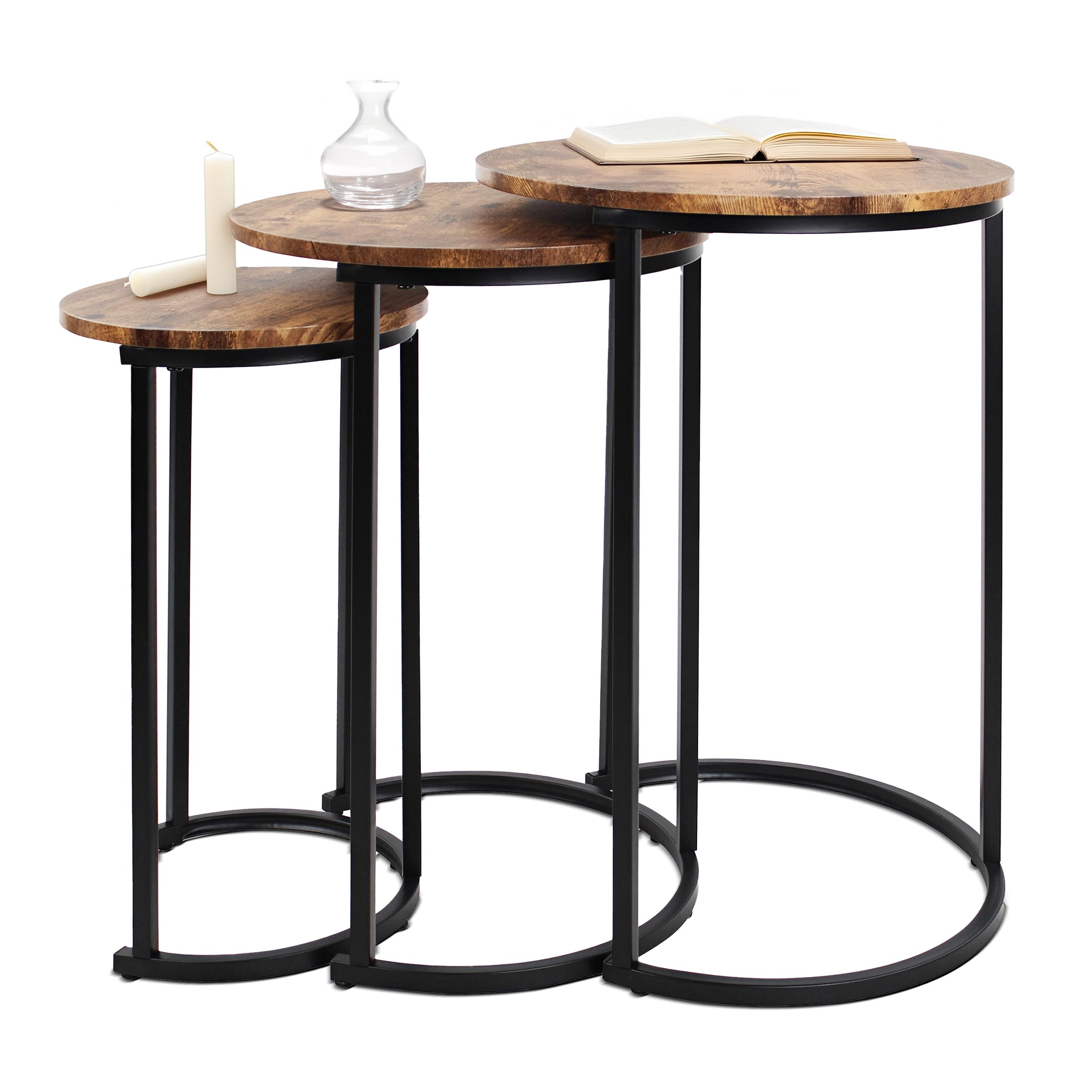 7Penn Round Nesting Tables Set of 3 - Wood Accent Nightstand Set Small Coffee Tables for Living Room or Bedroom