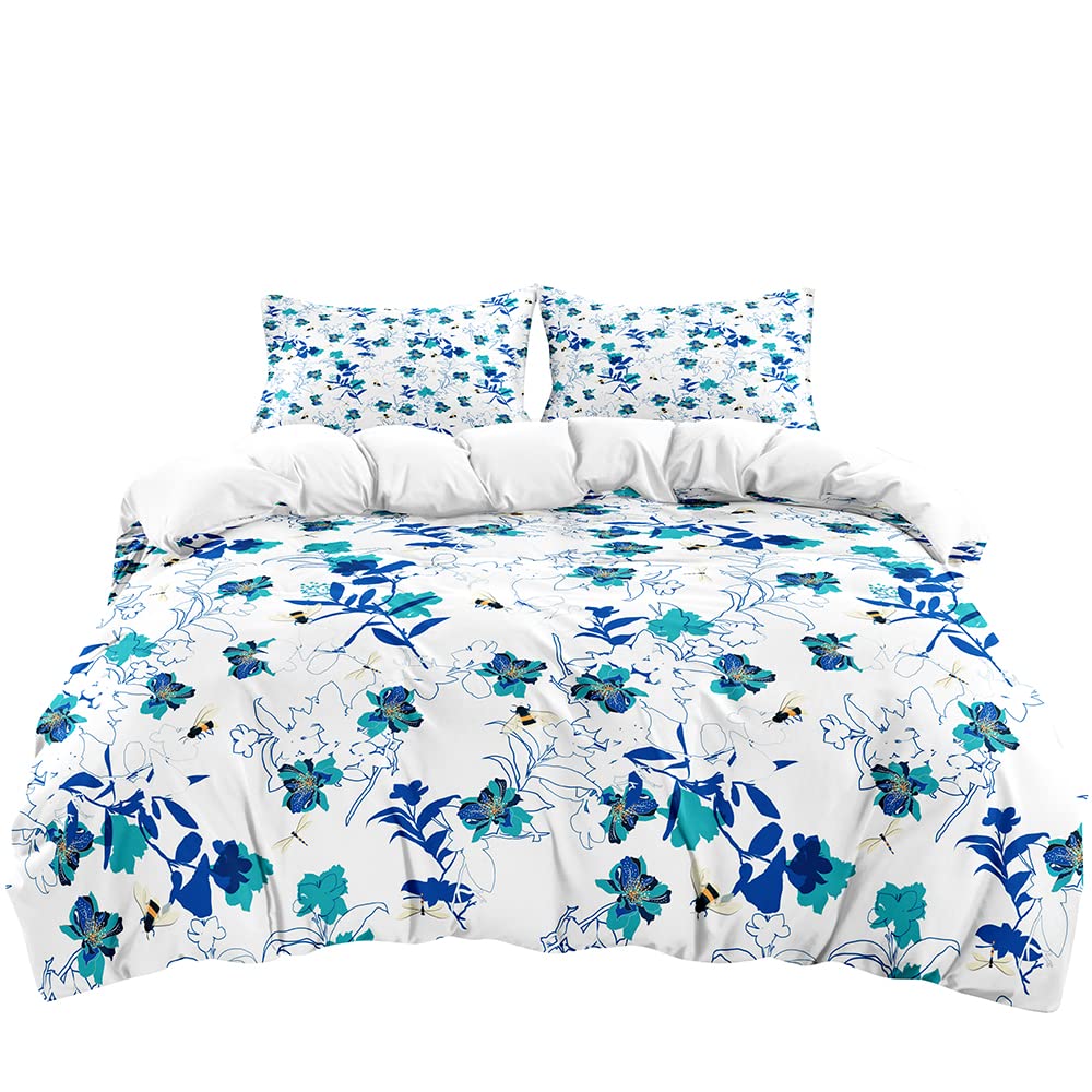 Abosbeet Blue Plant Flower King Duvet Cover Sets Farmhouse Botanical Floral Comforter Cover Sets 2 Pillowshames Bee Print Bedding Sets Soft Polyester Bedroom Decor