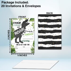 NYCTUG Stomp Chomp Roar Dinosaur Fill-In Birthday Invitation(4" X 6"), T-Rex Double-Sided Party Invites-20 Invitations With Envelopes-Party Supplies-A03