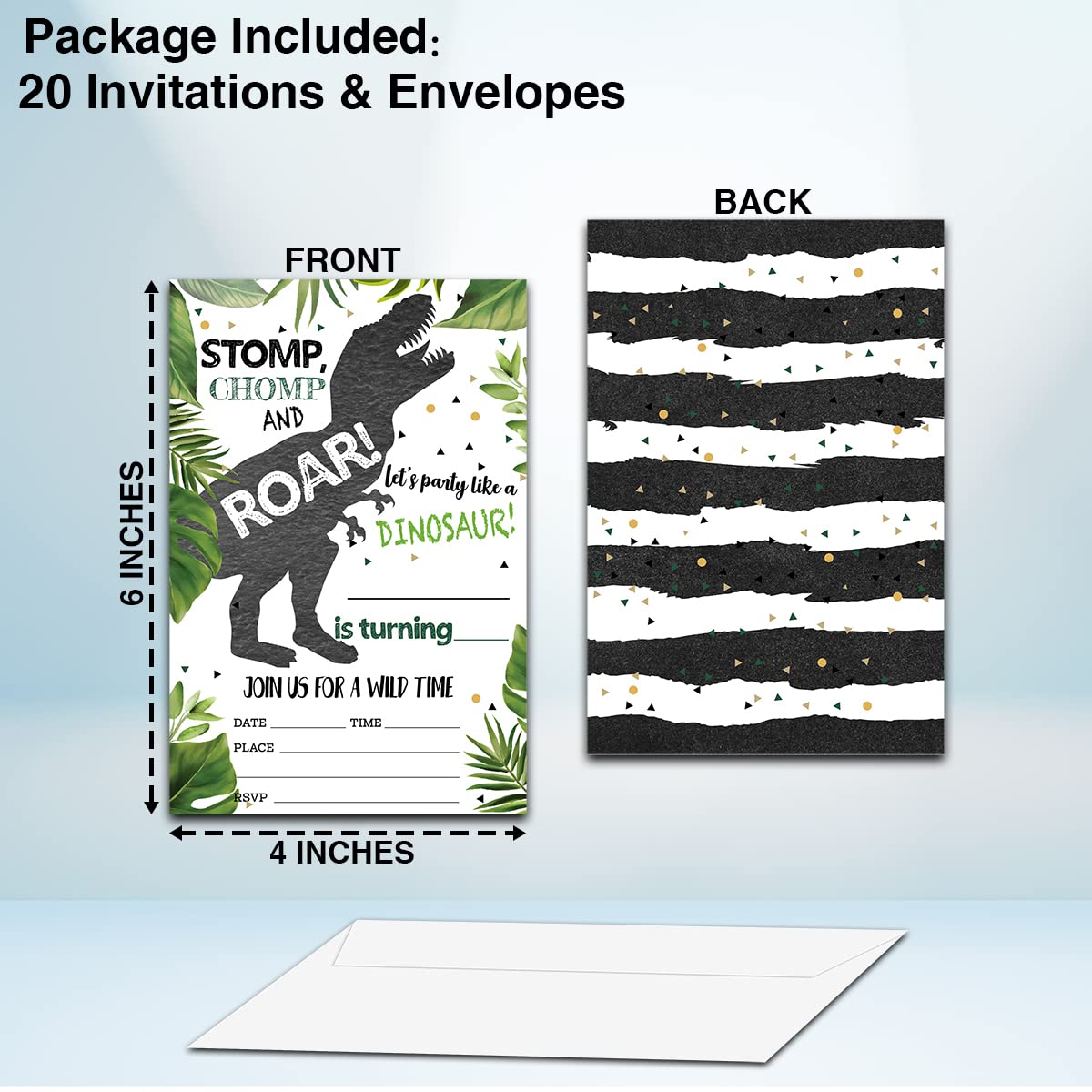 NYCTUG Stomp Chomp Roar Dinosaur Fill-In Birthday Invitation(4" X 6"), T-Rex Double-Sided Party Invites-20 Invitations With Envelopes-Party Supplies-A03