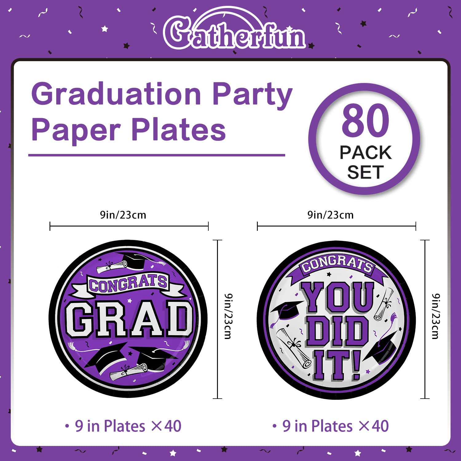 Gatherfun 2024 Graduation Party Supplies purple Dinnerware Disposable Paper Plates for Congrats Grad Party Decorations, Serve 80