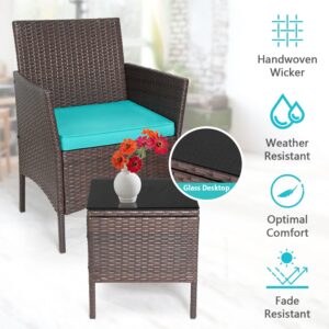 3-Piece Patio Bistro Set Wicker Conversation Set Outdoor Furniture Sets with 2 PE Rattan Wicker Chairs, 2 Cushions,1 Coffee Table for Yard Garden