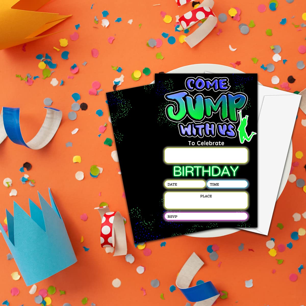 Come Jump With Us Birthday Invitation(4" X 6"), Trampoline Birthday Jumping Party Double-Sided Invites- 20 Invitations With Envelopes-Party Supplies-A19