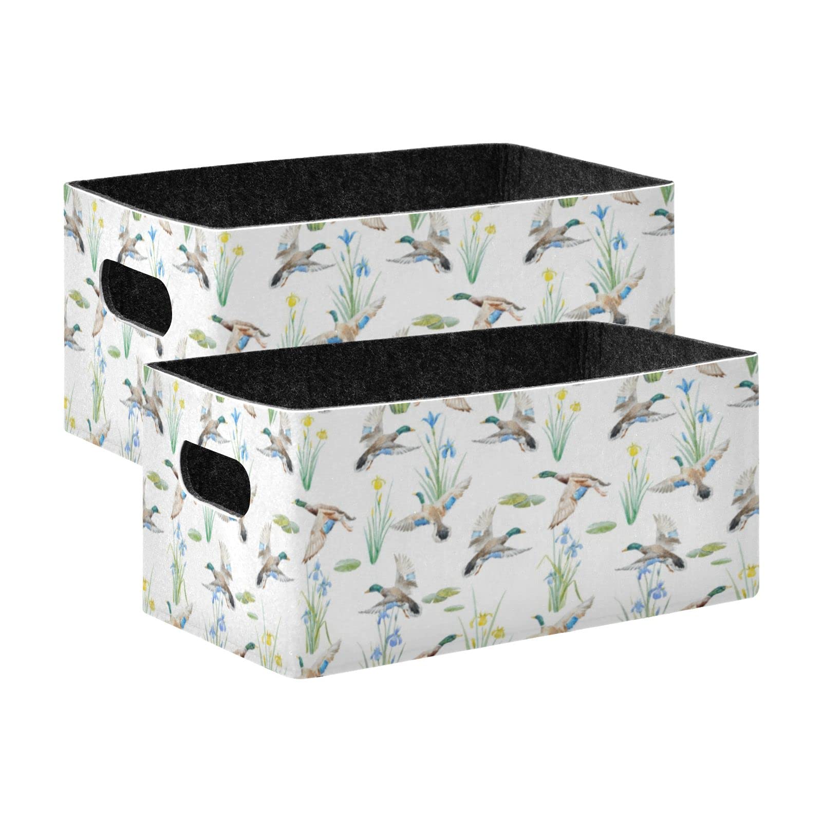 Oyihfvs Flying Mallard Ducks Yellow Blue Iris Lotus with Leaves on White 2 PCs Rectangle Foldable Felt Storage Bin, Collapsible Cube with Handles Thick Fabric Box Organizer Clothes Supplies for Home