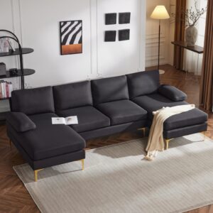 karl home convertible sectional sofa 110" u-shape sofa couch 4-seat couch with chaise fabric upholstered for living room, apartment, office, black