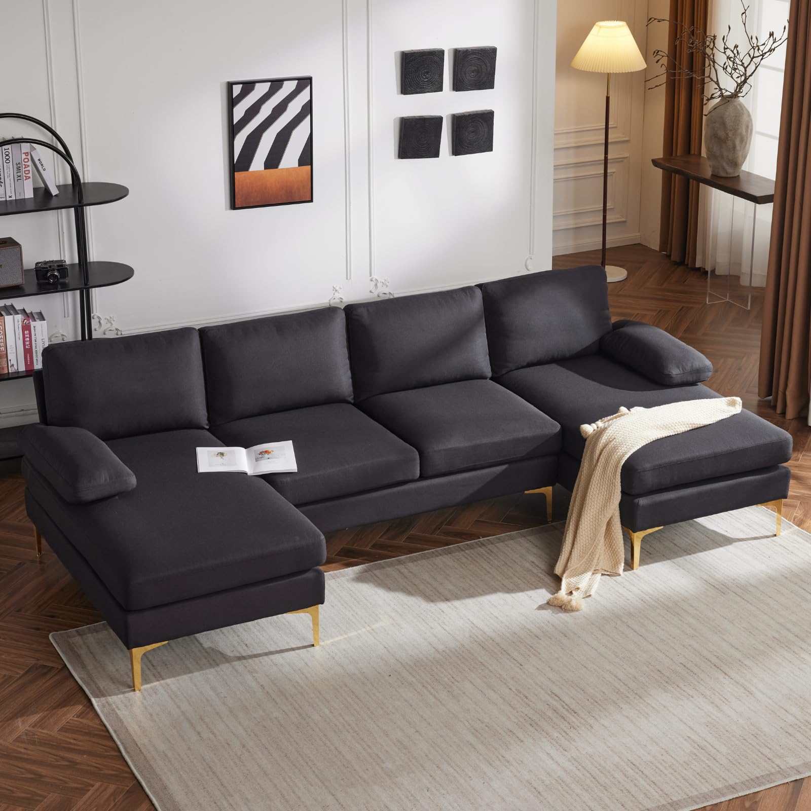 Karl home Convertible Sectional Sofa 110" U-Shape Sofa Couch 4-Seat Couch with Chaise Fabric Upholstered for Living Room, Apartment, Office, Black