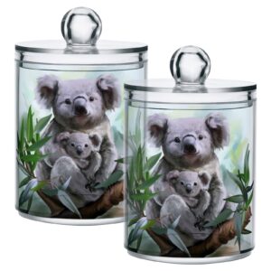 2 pack qtip dispenser apothecary jars bathroom organizer, koala and baby leaves qtip holder storage canister plastic acrylic jar for cotton ball/swab/rounds