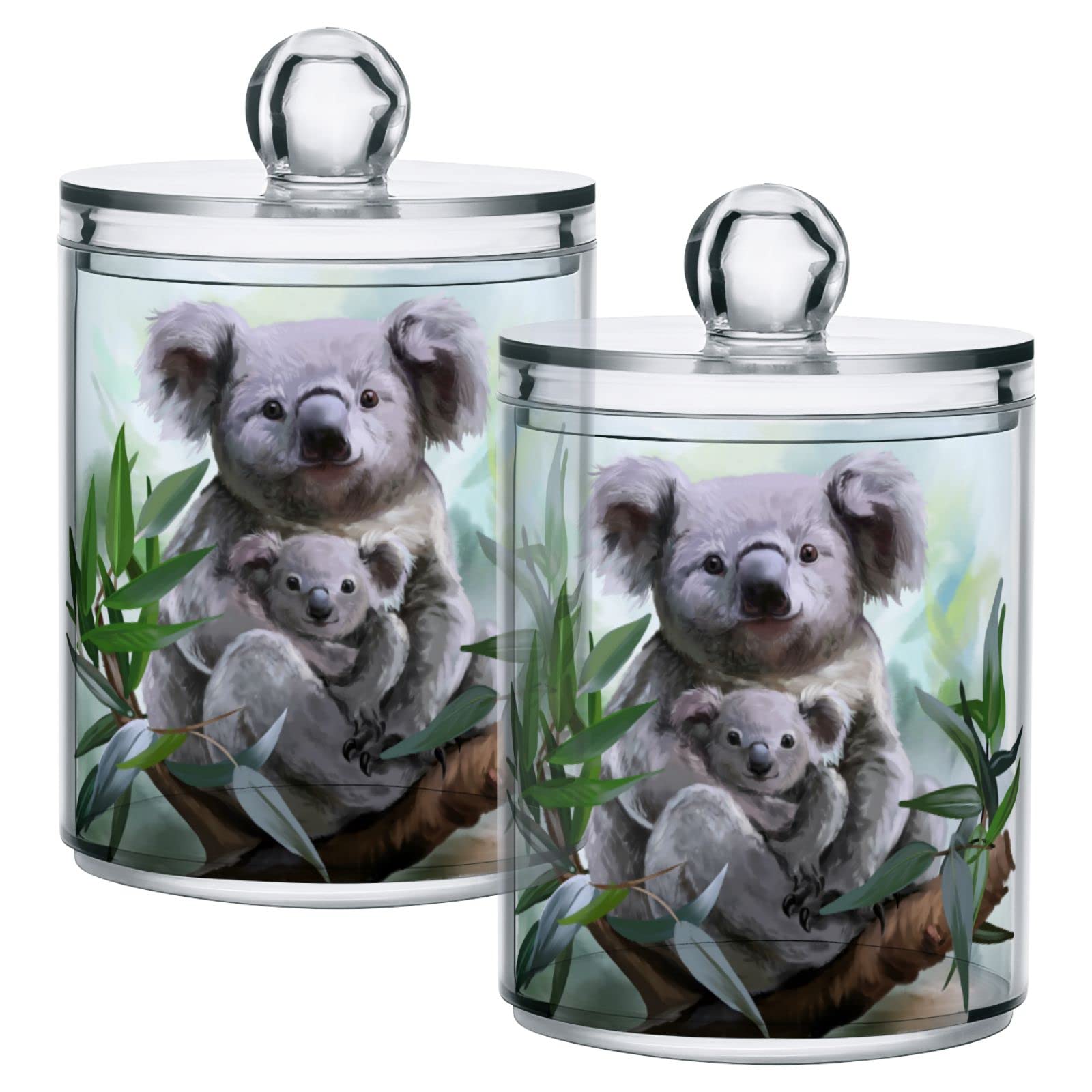 2 Pack Qtip Dispenser Apothecary Jars Bathroom Organizer, Koala and Baby Leaves Qtip Holder Storage Canister Plastic Acrylic Jar for Cotton Ball/Swab/Rounds