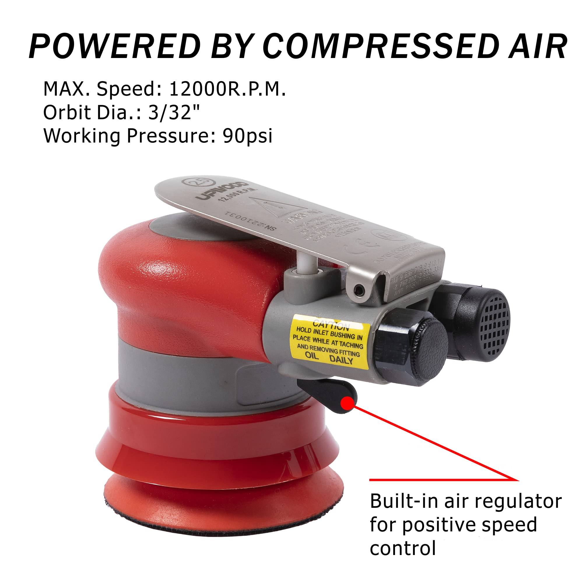 Pneumatic random orbital sander 3-inch light weight palm sander 3/32" (2.5 mm) diameter orbit 12000 RPM with extra backing pad and 12pcs sandpaper