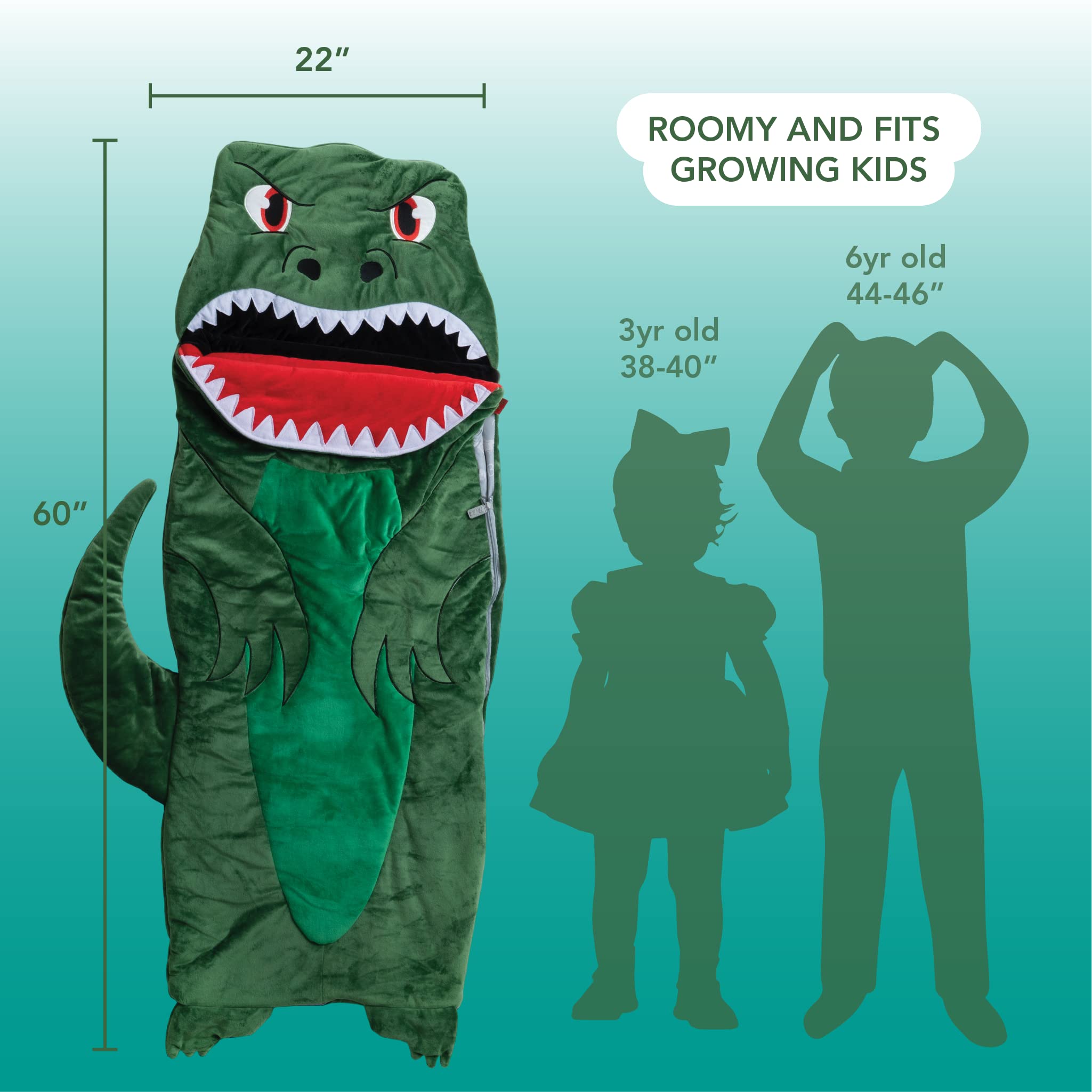 Bixbee Kids Sleeping Bag, Dinosaur Sleeping Bag for Kids 3+, 60 x 22 Inches, Soft Toddler Sleeping Bag with Carrying Handle | Machine Washable Soft Slumber Bag for Naptime, Daycare