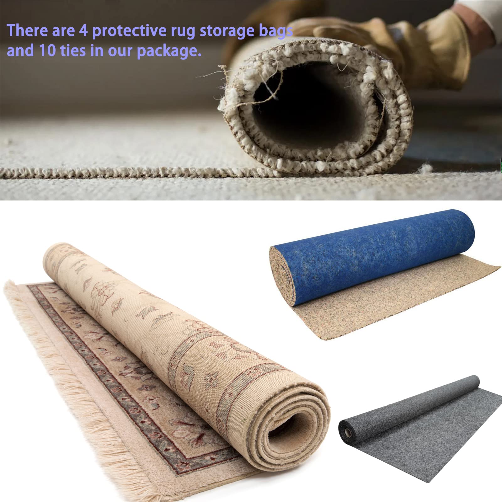 4 Pcs Rug Storage Bag with 10 Ties-Fits Rug up to 10'x14',4.5 Mil Heavy Duty Clear Plastic Rolled Rug Storage Bag for Indoor Outdoor Carpet Shipping,Packing,Moving and Storage - No Vent Holes