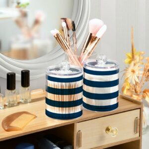 Navy Blue and White Striped 2 Pcs Qtip Holder Organizer Dispenser Storage Canister Plastic Apothecary Jars Bathroom Vanity for Cotton Swab Ball Pads Floss