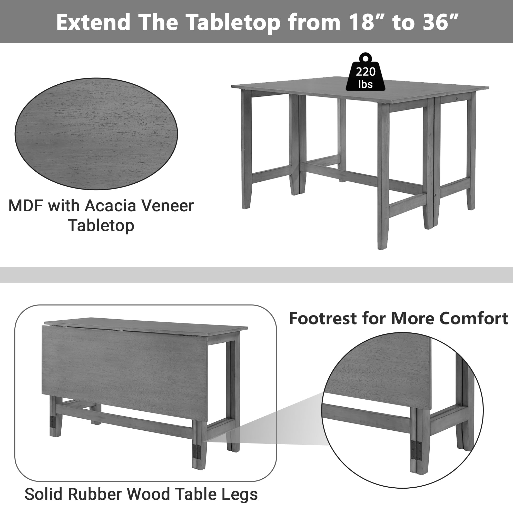 LUMISOL Farmhouse Drop Leaf Folding Dining Table, Space Saving Flip Top Dining Kitchen Table for 4, Solid Wood Extendable Dining Room Table for Small Space, from 18" to 36" (Gray)