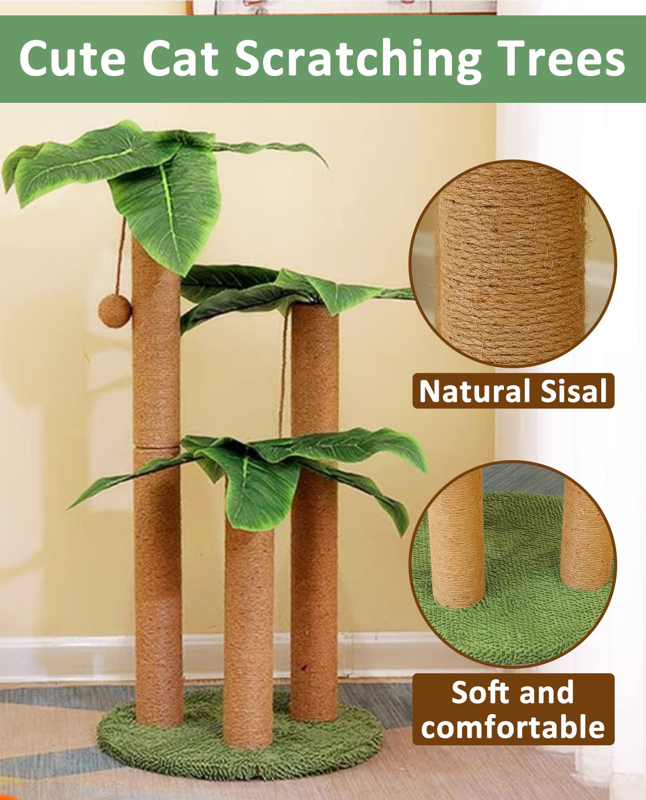 BNOSDM 35" Tall Cat Scratching Posts for Adult Cats Coconut Tree 3 Sisal Rope Claw Scratcher Dangling Ball Kitten Scratch Post Kitty Activity Center for Indoor Outdoor Cats Kittens