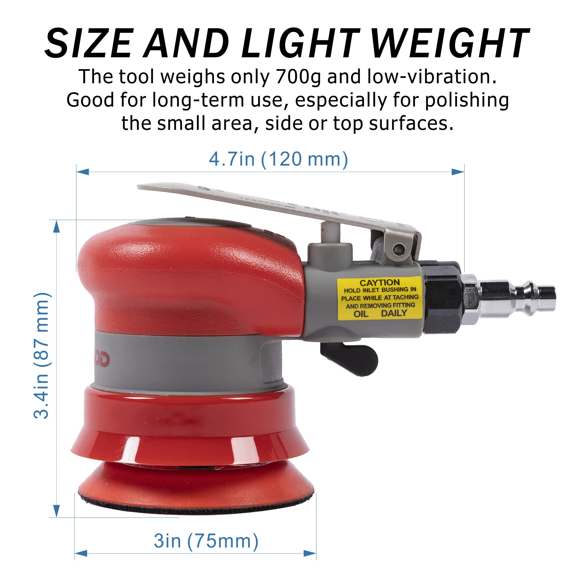 Pneumatic random orbital sander 3-inch light weight palm sander 3/32" (2.5 mm) diameter orbit 12000 RPM with extra backing pad and 12pcs sandpaper