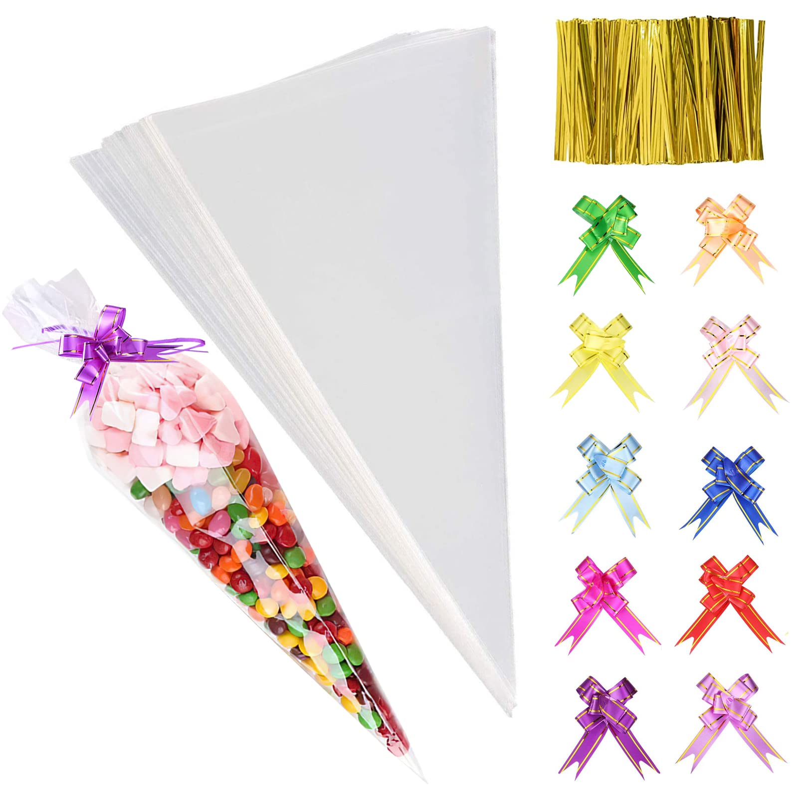 Cone Bags, 100Pcs Cone Shaped Treat Bags with Twist Ties and Bows, Plastic Triangle Bags for Favor Candy Cookies, 14.6 * 7 Inches