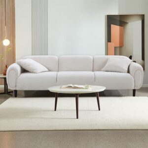 kevinplus 84'' beige velvet sofa couch for living room, modern mid-century cute 3 seater sofa with 2 pillows, small sofa couch for bedroom apartment small space, solid wooden legs, beige