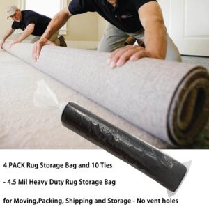 4 Pcs Rug Storage Bag with 10 Ties-Fits Rug up to 10'x14',4.5 Mil Heavy Duty Clear Plastic Rolled Rug Storage Bag for Indoor Outdoor Carpet Shipping,Packing,Moving and Storage - No Vent Holes