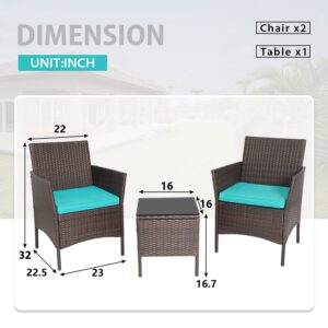 3-Piece Patio Bistro Set Wicker Conversation Set Outdoor Furniture Sets with 2 PE Rattan Wicker Chairs, 2 Cushions,1 Coffee Table for Yard Garden