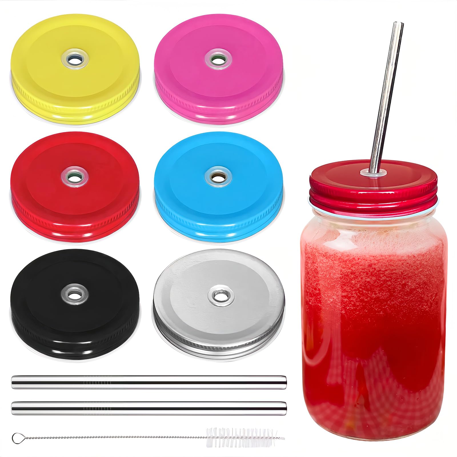 SusuBee 6 Pack Metal Drinking Lid with Straw Hole and Straws Compatible with Mason Jar Regular Mouth, 6 Colors, Dishwasher Safe