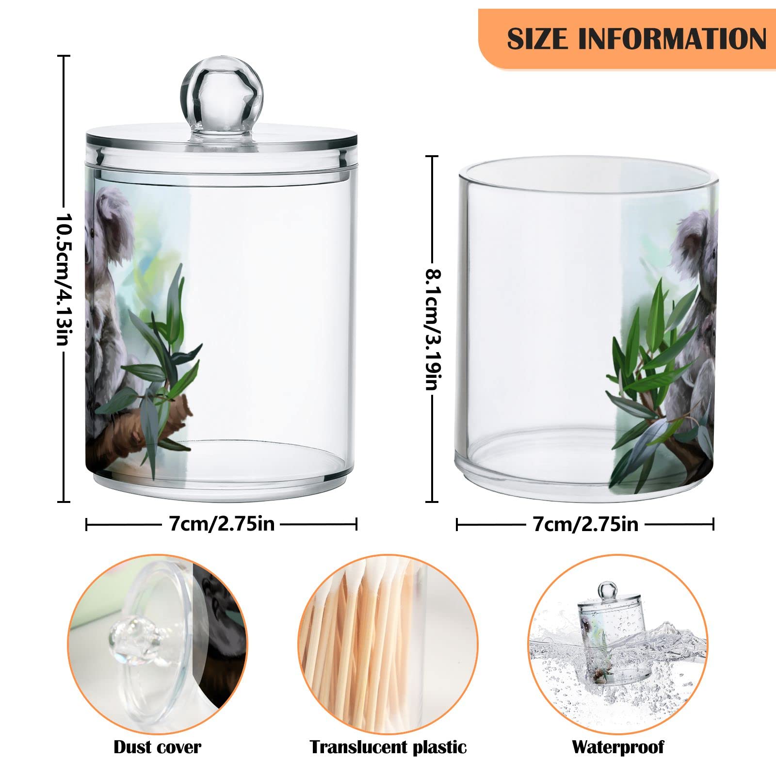 2 Pack Qtip Dispenser Apothecary Jars Bathroom Organizer, Koala and Baby Leaves Qtip Holder Storage Canister Plastic Acrylic Jar for Cotton Ball/Swab/Rounds