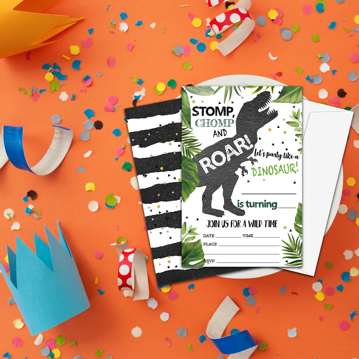 NYCTUG Stomp Chomp Roar Dinosaur Fill-In Birthday Invitation(4" X 6"), T-Rex Double-Sided Party Invites-20 Invitations With Envelopes-Party Supplies-A03