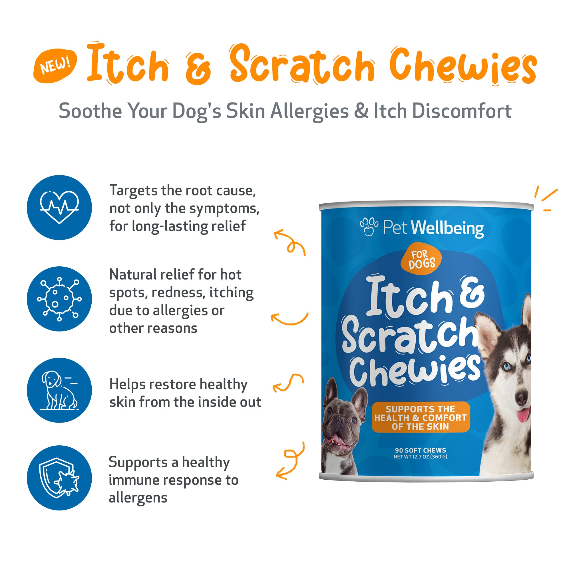 Pet Wellbeing Itch & Scratch Chewies or Dogs - Vet-Formulated - Itchy Skin & Paws, Hot Spots, Redness - 90 Soft Chews