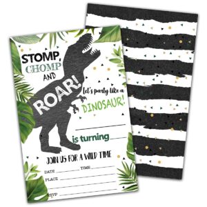 nyctug stomp chomp roar dinosaur fill-in birthday invitation(4" x 6"), t-rex double-sided party invites-20 invitations with envelopes-party supplies-a03