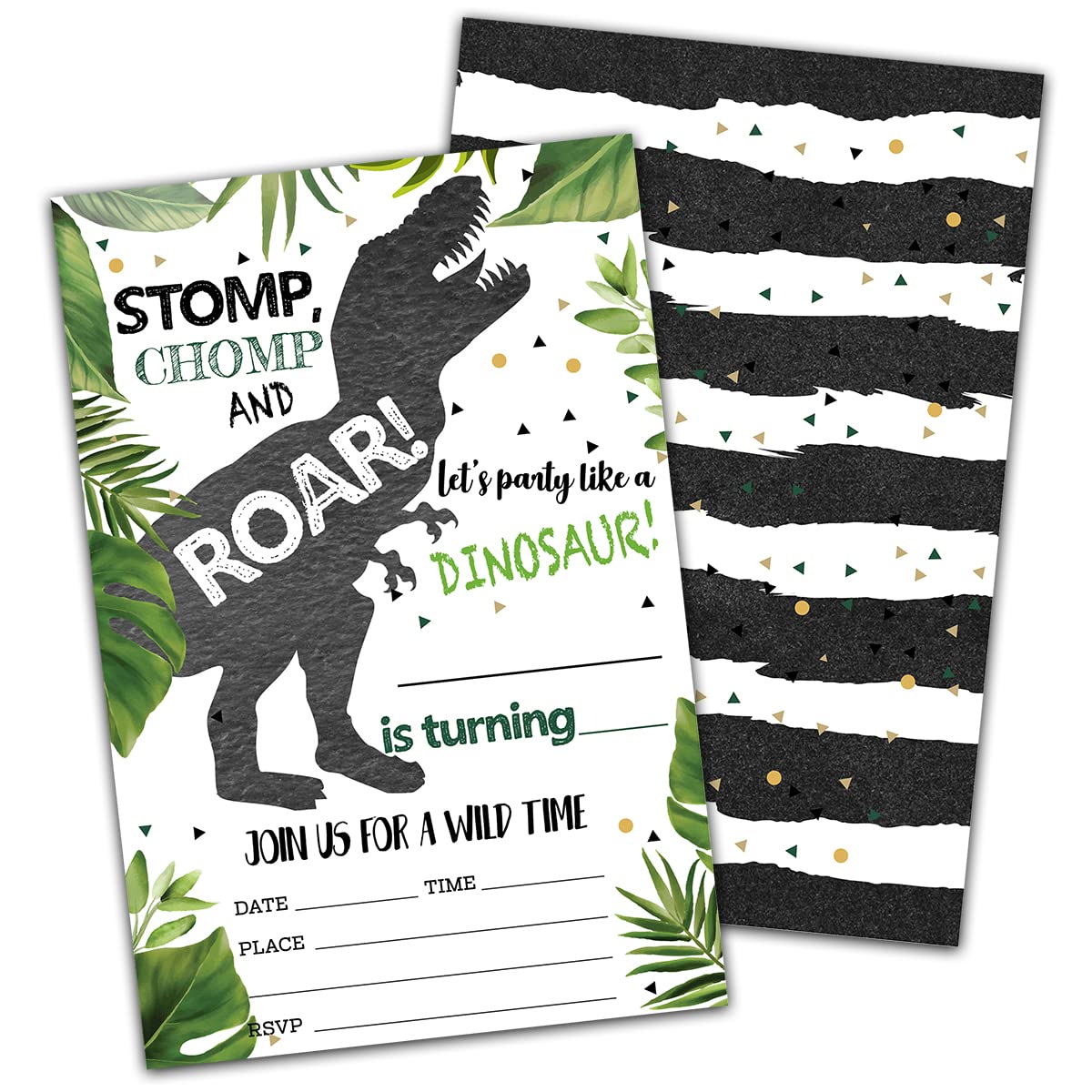 NYCTUG Stomp Chomp Roar Dinosaur Fill-In Birthday Invitation(4" X 6"), T-Rex Double-Sided Party Invites-20 Invitations With Envelopes-Party Supplies-A03