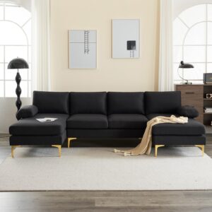 Karl home Convertible Sectional Sofa 110" U-Shape Sofa Couch 4-Seat Couch with Chaise Fabric Upholstered for Living Room, Apartment, Office, Black