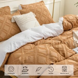 JELLYMONI Reversible Rust & White Duvet Cover King Size - 3PCS Microfiber Tufted Duvet Cover, Boho Textured Duvet Cover Jacquard Geometric Pattern Duvet Cover with Corner Ties & Zipper Closure