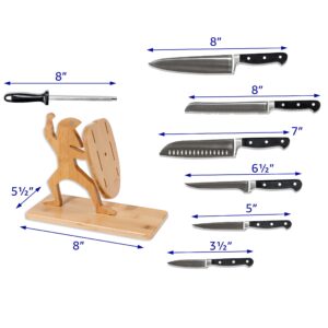 Trademark Innovations Spartan Warrior Pinewood Knife Block Holder with 6 Knives and Sharpener Included