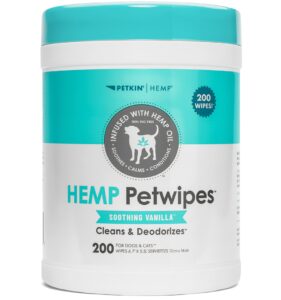 petkin hemp pet wipes for dogs and cats - with hemp oil & soothing vanilla scent, 200 count - soothes, calms & conditions - wipes for pet's face, eyes and body - for home or travel