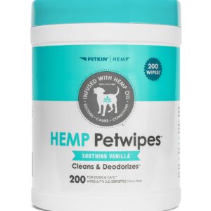 Petkin Hemp Pet Wipes for Dogs and Cats - with Hemp Oil & Soothing Vanilla Scent, 200 Count - Soothes, Calms & Conditions - Wipes for Pet's Face, Eyes and Body - for Home or Travel