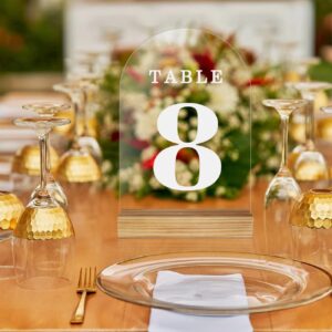 ORGANTEAM Clear Arch Wedding Table Numbers with Wooden Stands 1-15, 5x7" Acrylic Signs and Holders, Perfect for Centerpiece, Reception, Decoration, Party, Anniversary, Event (Clear, Number 1-15)