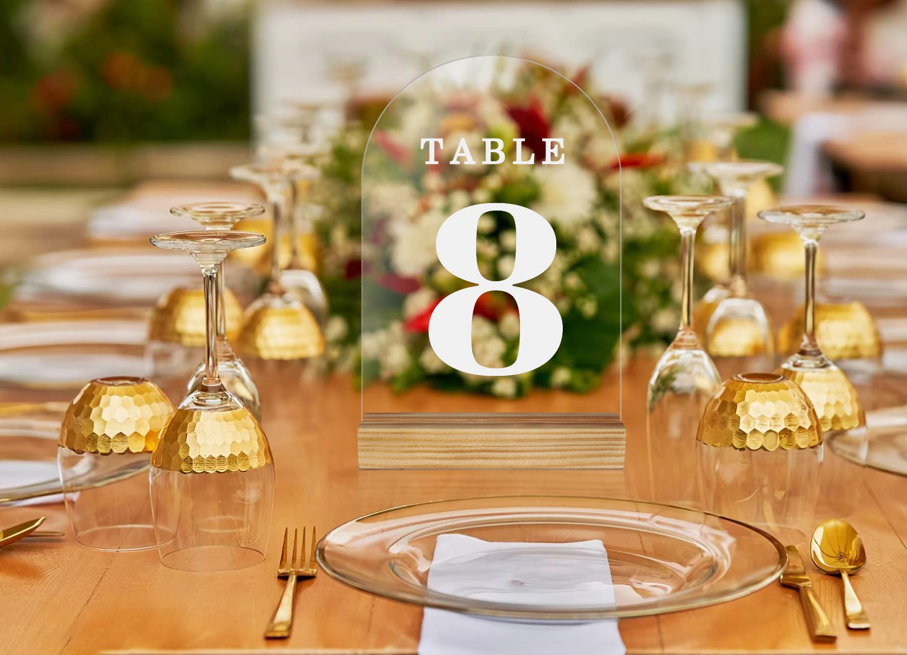 ORGANTEAM Clear Arch Wedding Table Numbers with Wooden Stands 1-15, 5x7" Acrylic Signs and Holders, Perfect for Centerpiece, Reception, Decoration, Party, Anniversary, Event (Clear, Number 1-15)