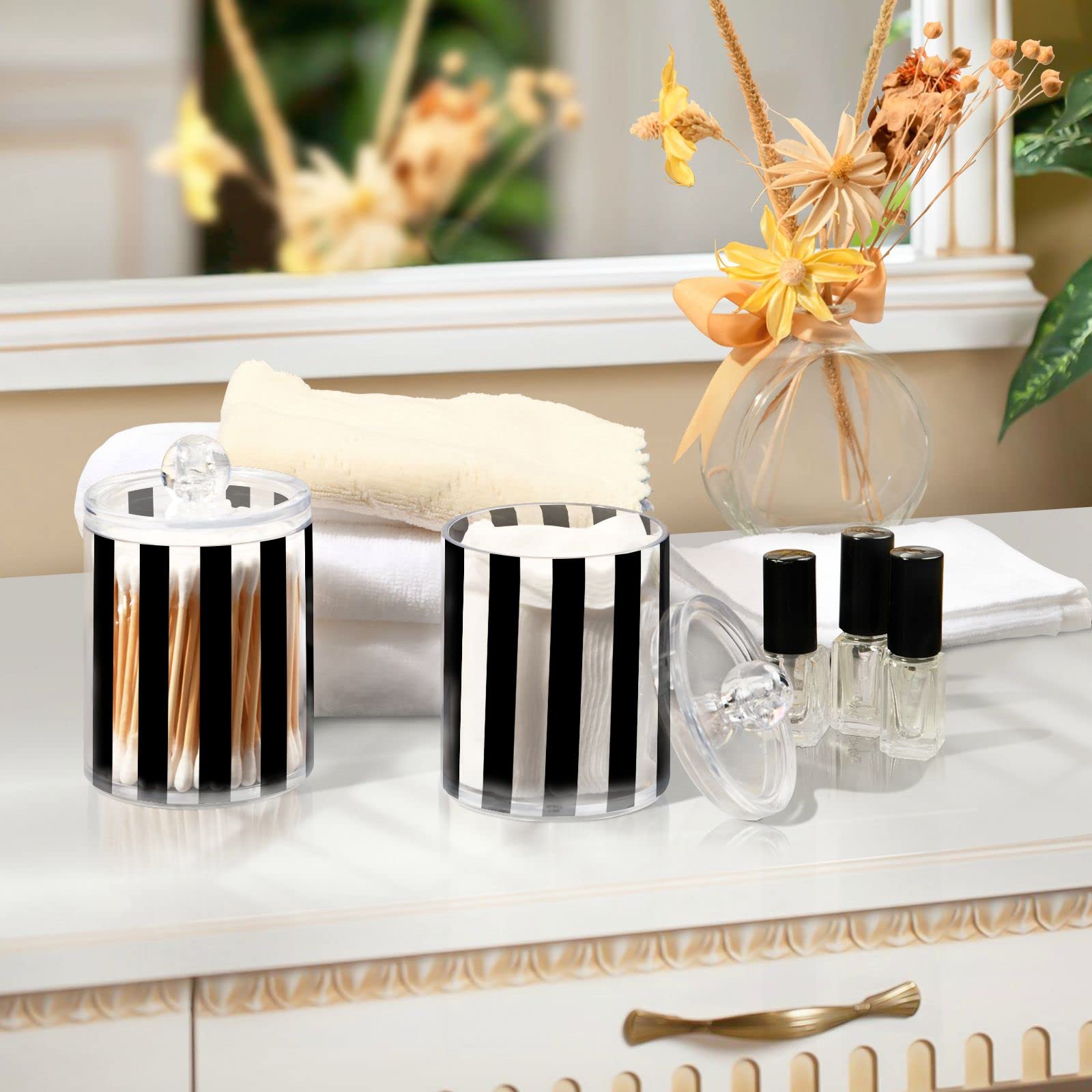 2 Pack Qtip Dispenser Apothecary Jars Bathroom Organizer, White and Black Striped Qtip Holder Storage Canister Plastic Acrylic Jar for Cotton Ball/Swab/Rounds