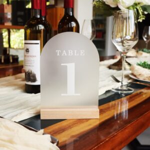 Frosted Arch Wedding Table Numbers with Wooden Stands Holders, 5x7" Acrylic Signs and Holders, Perfect for Centerpiece, Reception, Decoration, Party, Anniversary, Event (Frosted White Font, Number 1-20)