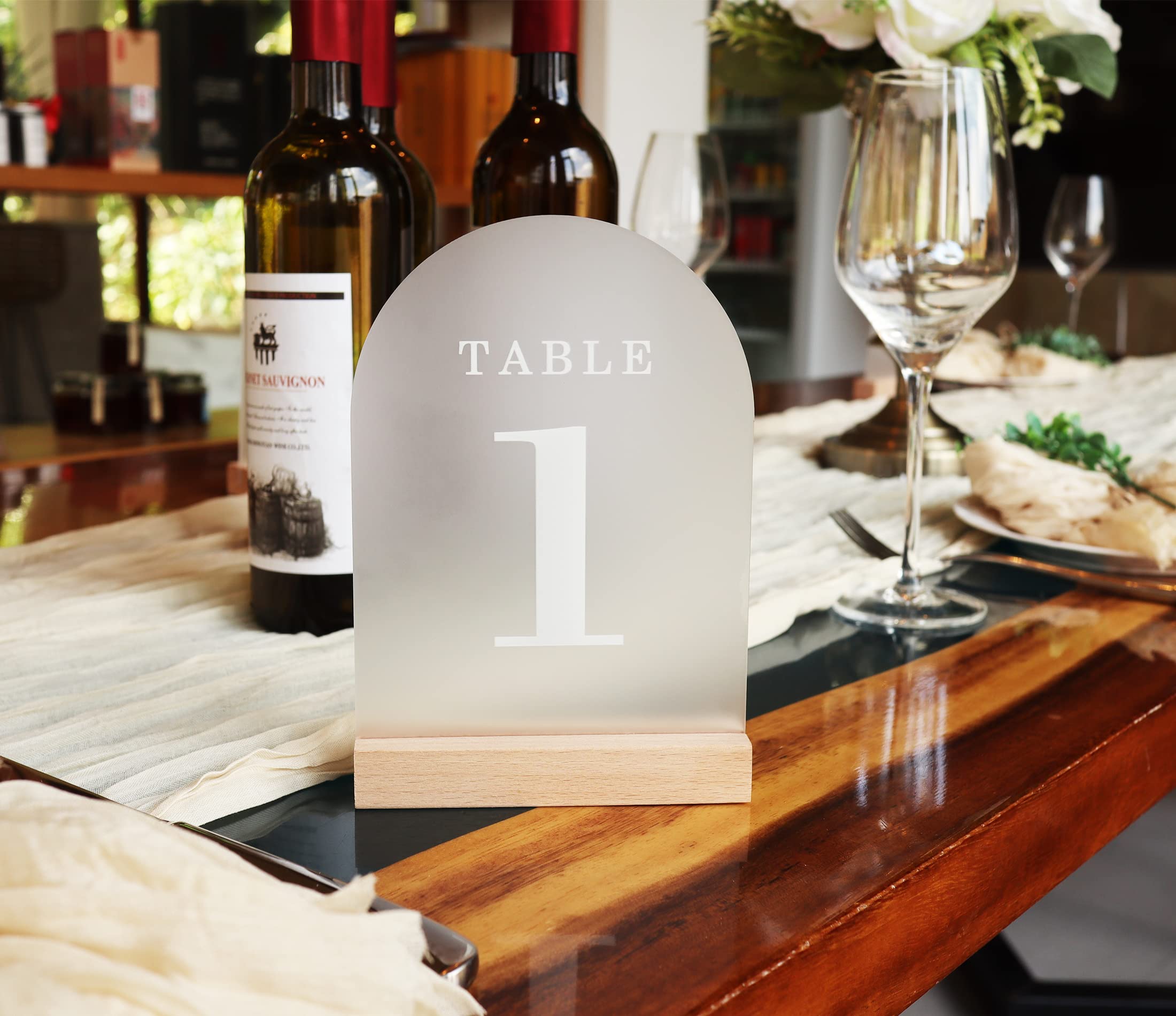 Frosted Arch Wedding Table Numbers with Wooden Stands Holders, 5x7" Acrylic Signs and Holders, Perfect for Centerpiece, Reception, Decoration, Party, Anniversary, Event (Frosted White Font, Number 1-20)