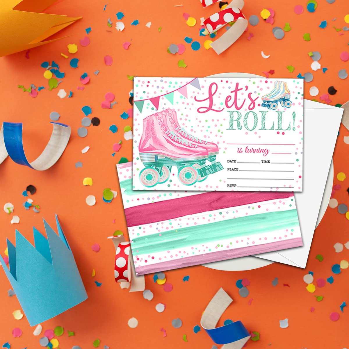 NYCTUG Let's Roll Birthday Fill-In Invitation(4" X 6"), Roller Skate Birthday Party Double-Sided Invites- 20 Invitations With Envelopes-Party Supplies-A17