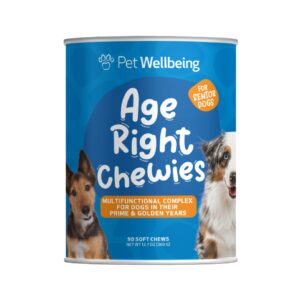 pet wellbeing age right chewies for dogs in their prime & senior years - vet-formulated - daily multifunctional support for joint mobility, immune, heart health, shiny coat, energy - 90 soft chews