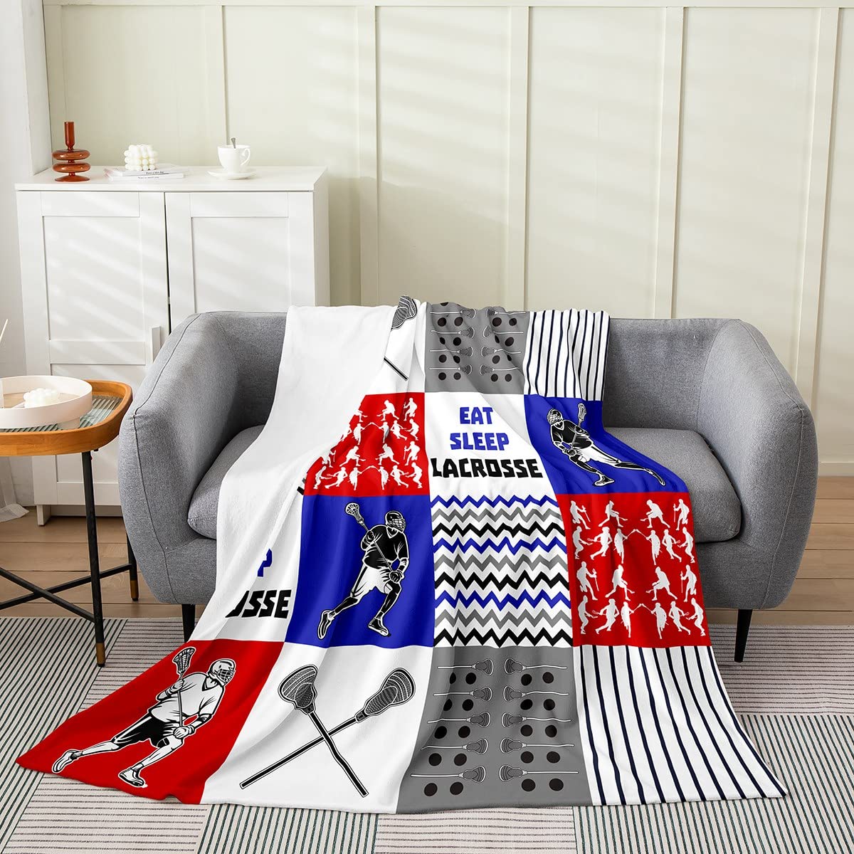 Lacrosse Blanket for Teens Youth,Red Blue Grey Eat Sleep Lacrosse Throw Blanket Throw 50x60,Lacrosse Player Fleece Blanket,Sports Game Geometric Buffalo Plaid Plush Bed Blanket Lightweight