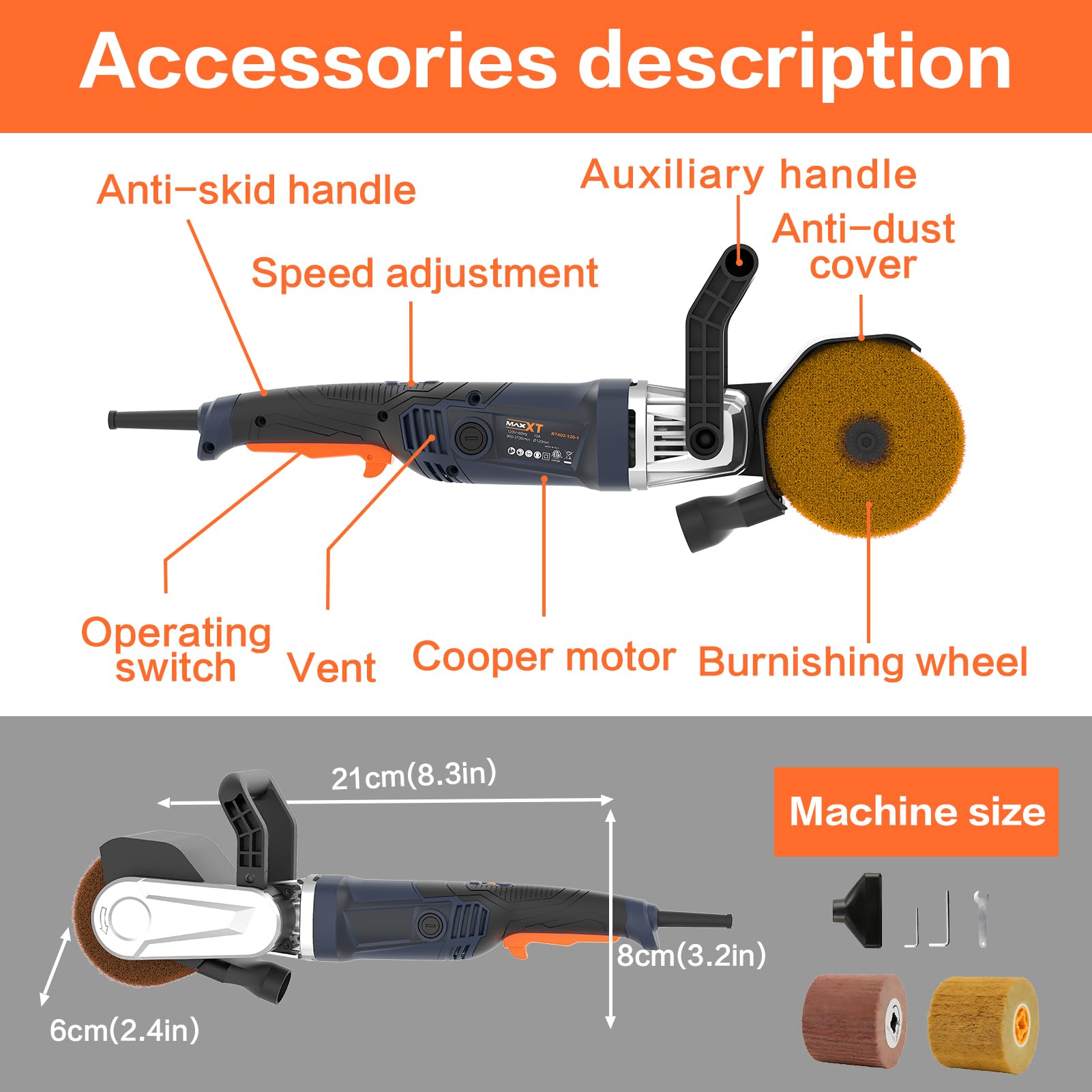 MAXXT Burnishing Polishing Machine, 1300w Surface Conditioning Tool, 6 Speed Variable 3200RPM Motor Drum Machine Grinder, Handheld Electric Stainless Steel Polisher With 3 Polishing Wheels