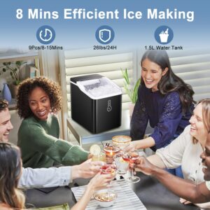 Ice Makers Countertop, Portable Ice Makers Countertop with Self-Cleaning,9 Bullet Cubes Ready in 8 Mins,26lbs/24H，with Ice Scoop and Ice Basket，for Home Kitchen Camping RV.(Black)