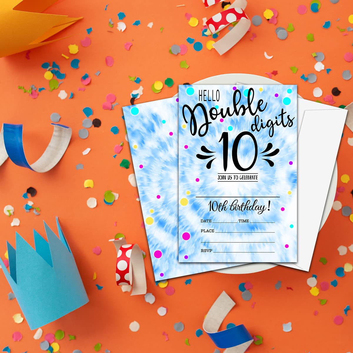 NYCTUG Double Digits 10Th Fill-In Birthday Invitation(4" X 6"), Tie Dye Birthday Double-Sided Party Invites- 20 Invitations With Envelopes-Party Supplies-A15