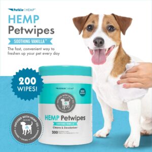 Petkin Hemp Pet Wipes for Dogs and Cats - with Hemp Oil & Soothing Vanilla Scent, 200 Count - Soothes, Calms & Conditions - Wipes for Pet's Face, Eyes and Body - for Home or Travel