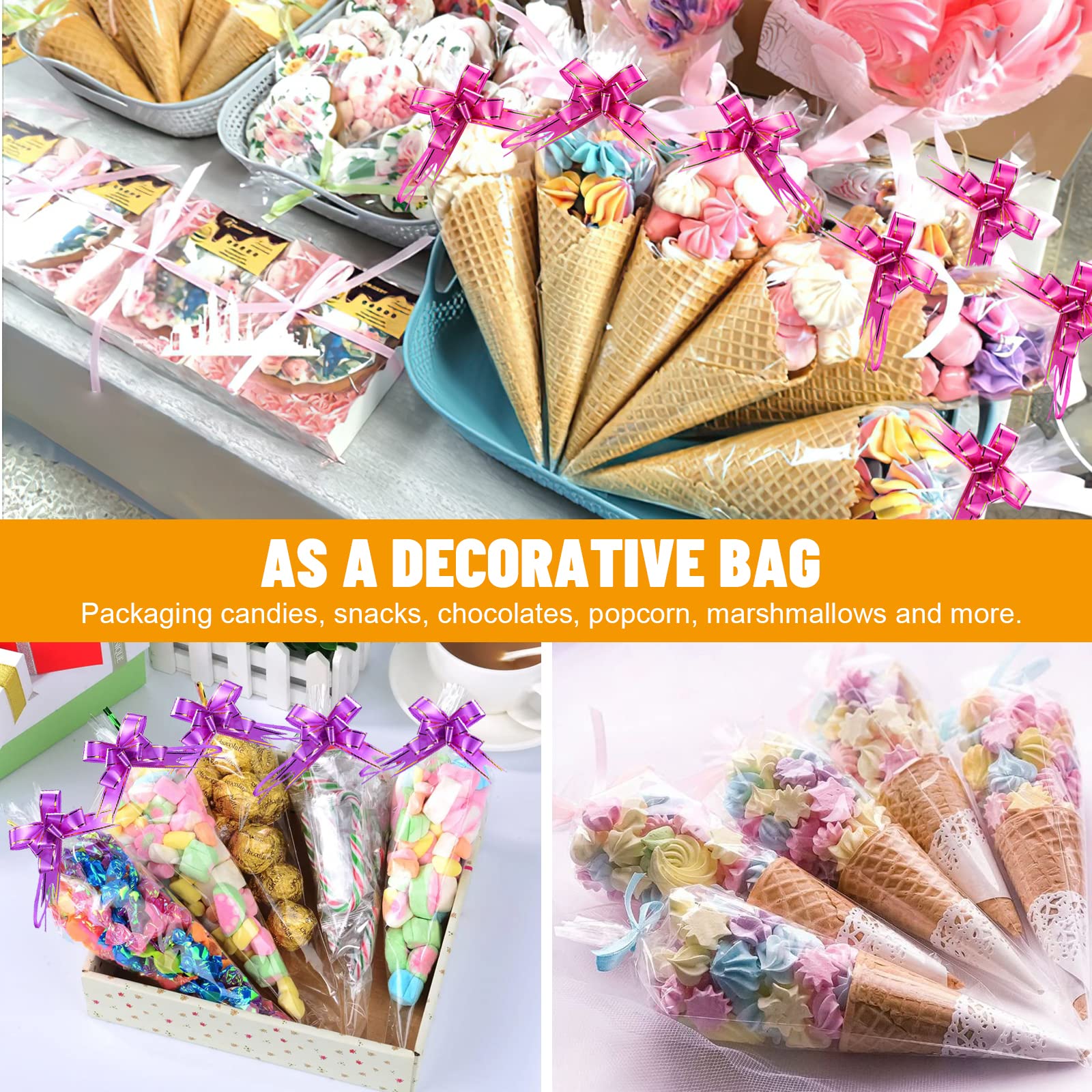 Cone Bags, 100Pcs Cone Shaped Treat Bags with Twist Ties and Bows, Plastic Triangle Bags for Favor Candy Cookies, 14.6 * 7 Inches